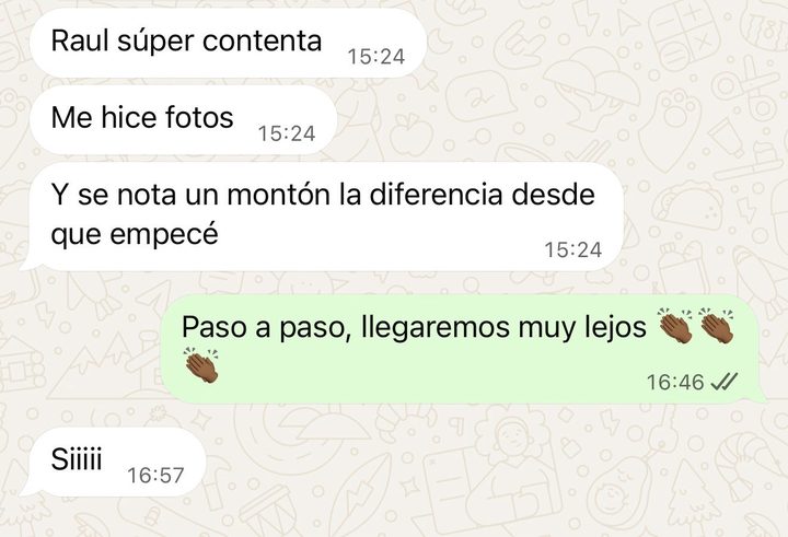 Mensajes de una clienta: «Me hice fotos y se nota un montón la diferencia desde que empecé».
