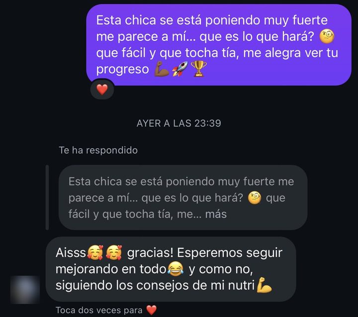 Conversación de Instagram: «Esta chica se está poniendo muy fuerte» y la respuesta de la clienta: «Esperemos seguir mejorando en todo y, cómo no, siguiendo los consejos de mi nutri».